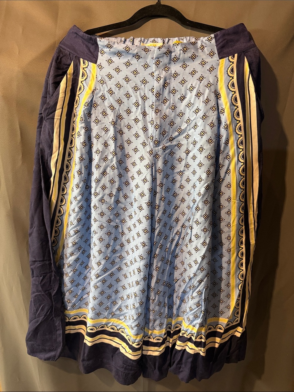 Blue Patterned Wide-Leg Pants with Navy Trim